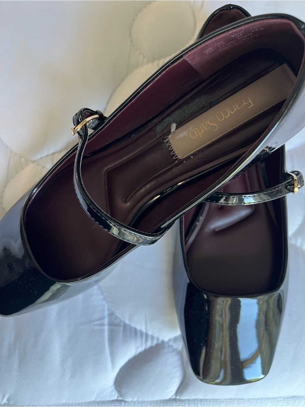 Franco Sarto Black Patent Mary Jane Flats with Gold Buckles - Picture 2 of 4